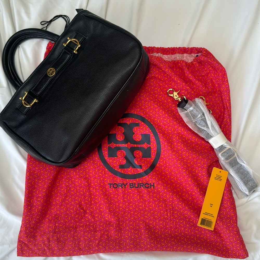 Tory Burch Horsebit Jaden Black Pebbled Leather Satchel Shoulder Bag